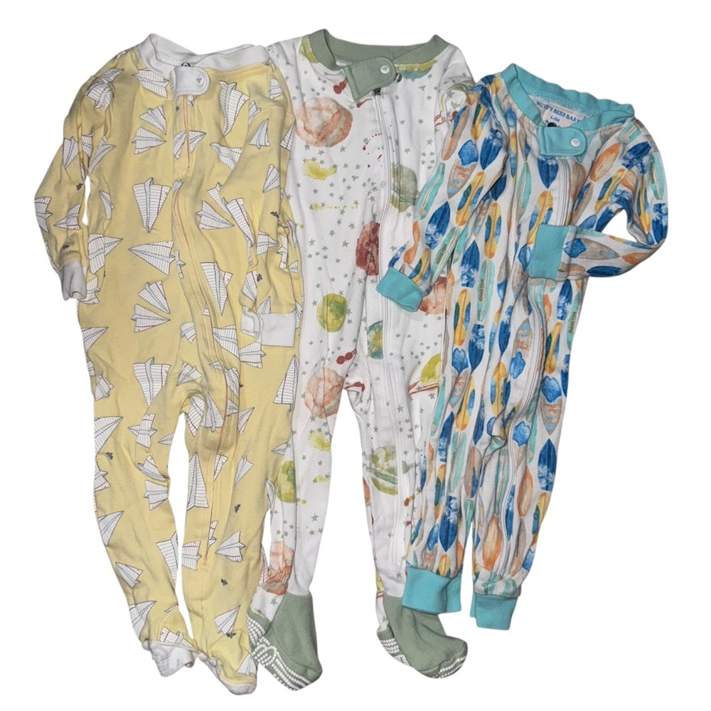 Burt's Bees Baby Kids Pajama Footie Zip Sets - Yellow, White, Blue - 3-6 month